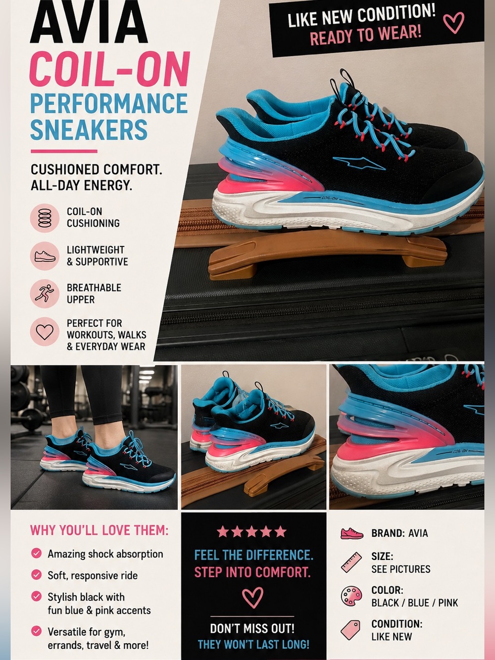 Avia Women's Black Sneakers with Blue & Pink Accents